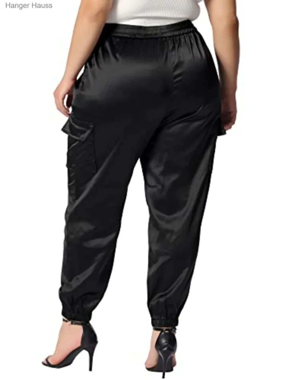 Plus Size Satin Joggers Elastic Waist Athleisure Cargo Pants with Pockets - Picture 4 of 5
